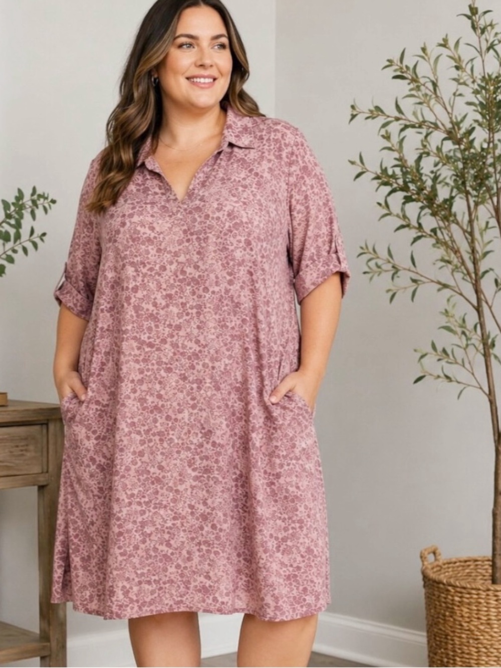 Amana Pink Floral Short Sleeve Tunic Dress Size 1X